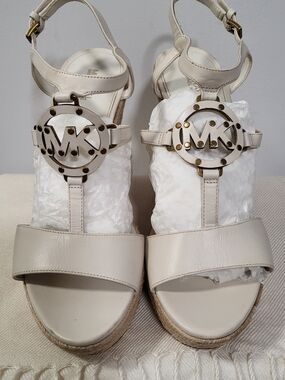 Michael Kors White Leather Logo Wedge Sandals